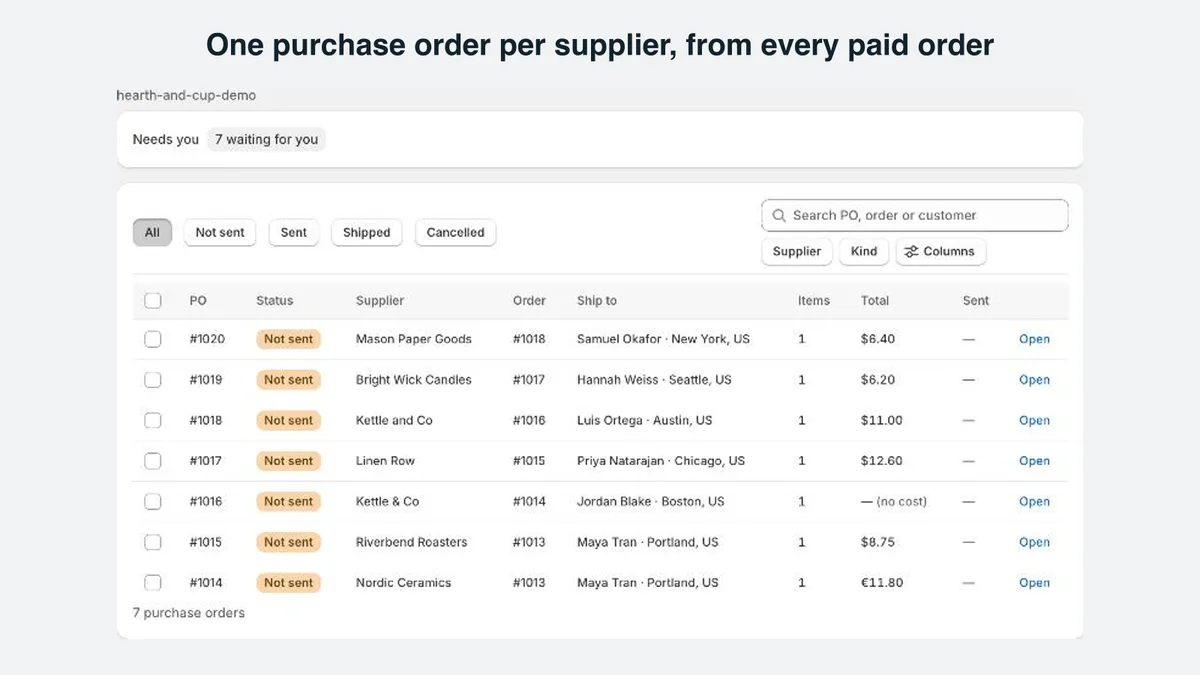 The Purchase orders list with seven held purchase orders, each naming its supplier, order, ship-to and total