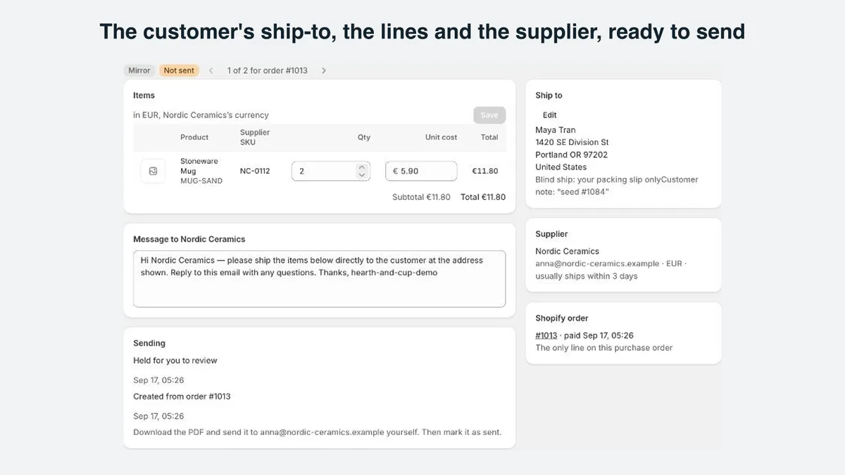 A held purchase order showing the ship-to card, the line items and the Download PDF and Mark as sent actions