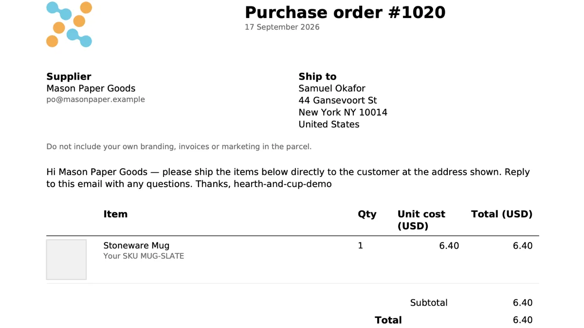 The purchase order PDF with the store's logo, the ship-to block and the line table
