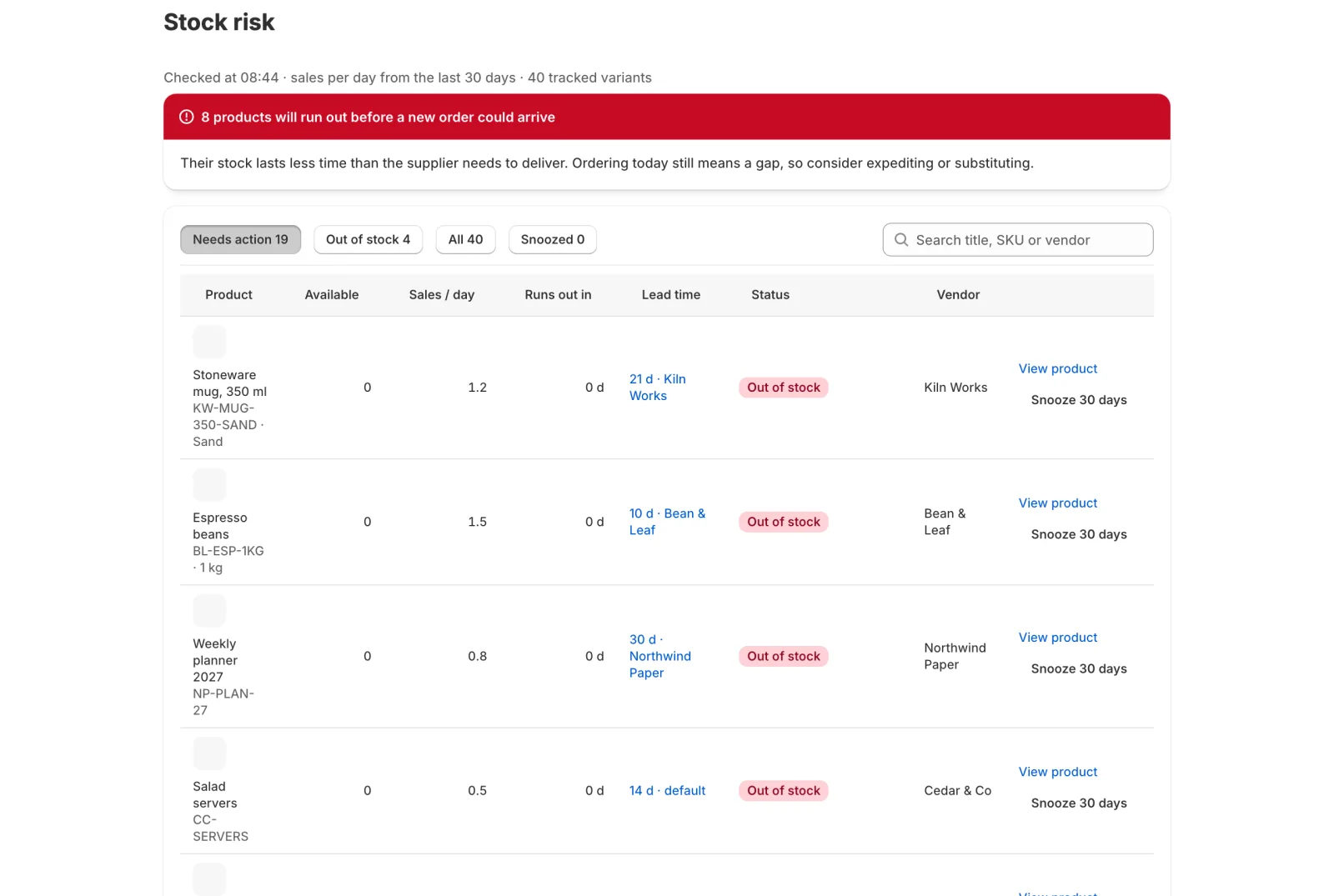 The Stock risk list sorted by how soon each product runs out, every row showing available stock, sales per day, runs out in and the supplier's lead time