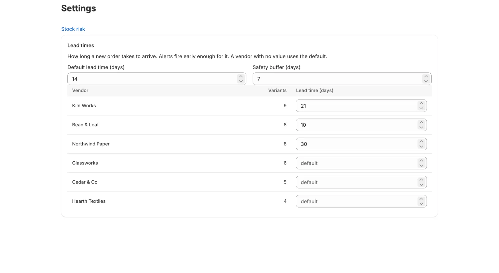 Settings showing the default lead time, the safety buffer, and one lead time per vendor